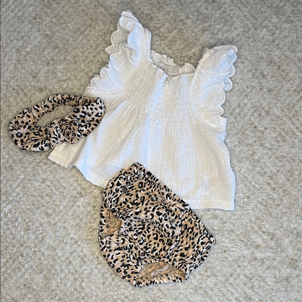 Rachel Zoe White Ruffle Baby Top with Leopard Bloomers & Headband